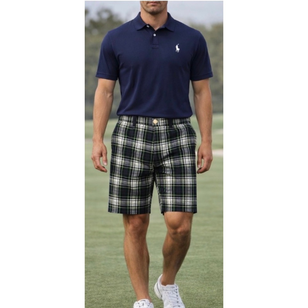 Polo Ralph Lauren Plaid Shorts Mens 34 Green Blue Cotton Tartan Golf Preppy